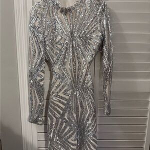 Fashion Nova Silver Sequin Backless Dress